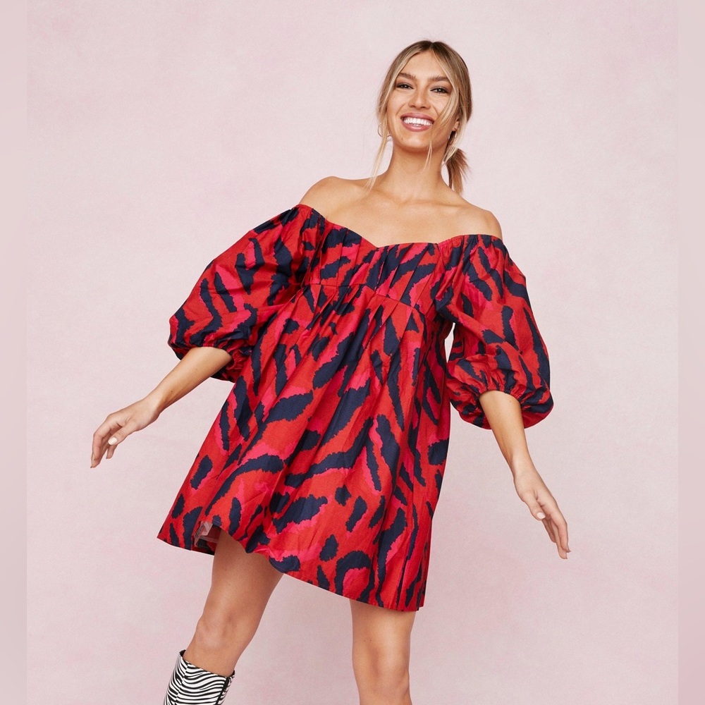 Zebra Puff Sleeve Smock Dress